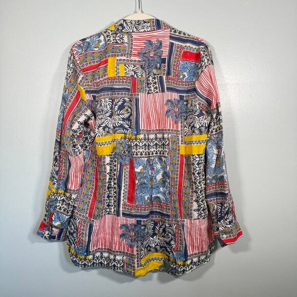 J. McLaughlin Linen Shirt L Tropical Pineapple Print Resort Beachwear Flaws - Picture 2 of 5